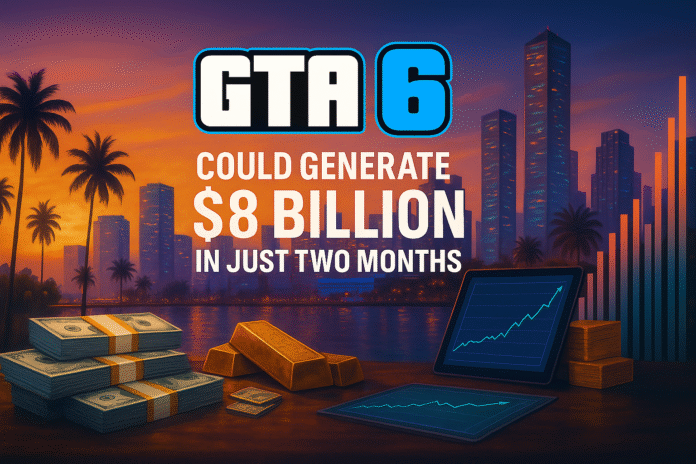 GTA 6 sales projection with cash stacks, gold bars, and city skyline at sunset.