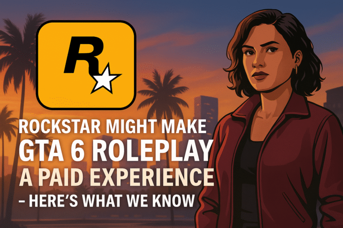 GTA 6 RP concept art with female character and Rockstar logo at sunset.