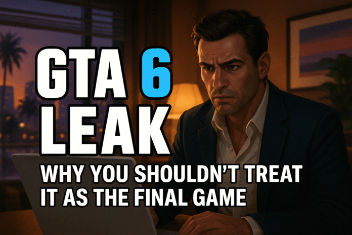 GTA 6 leak concept art showing a serious man at a laptop in a dimly lit room.