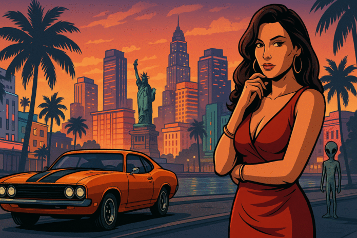Stylized city scene with Liberty City skyline for Old DLCs to build GTA 6