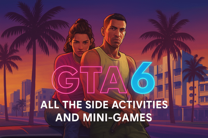 GTA 6 characters in a neon city sunset promoting side activities and mini-games.