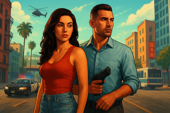 GTA 6 features artwork showing two characters in a vibrant city scene