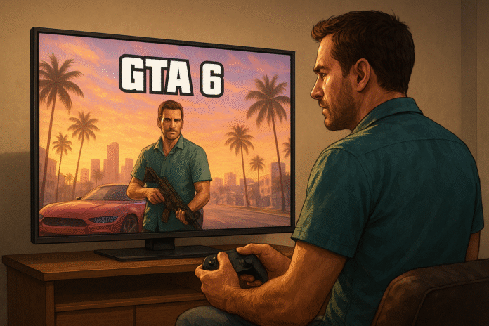 Man playing GTA 6 on TV, reflecting discussions about GTA 6 length.