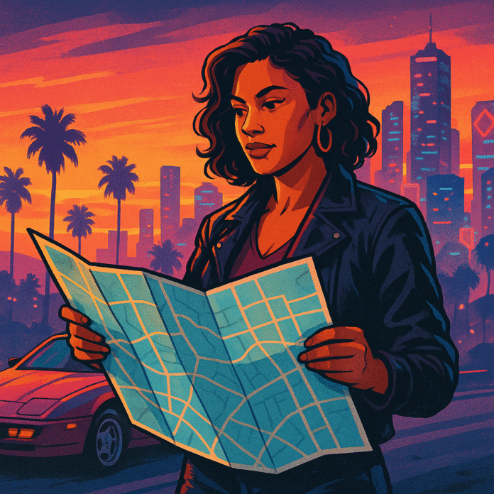 Woman holding city map in GTA 6-style scene at neon sunset.