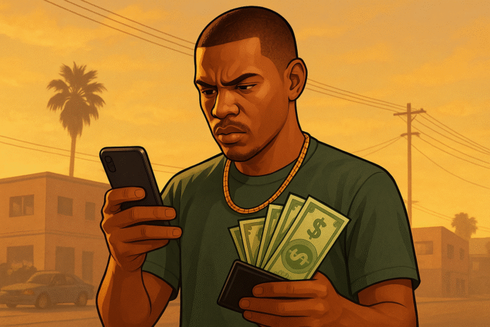 GTA 6 microtransaction concept art showing a character with money and a phone.