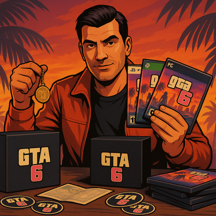 Man holding GTA 6 game cases and collectibles at sunset.