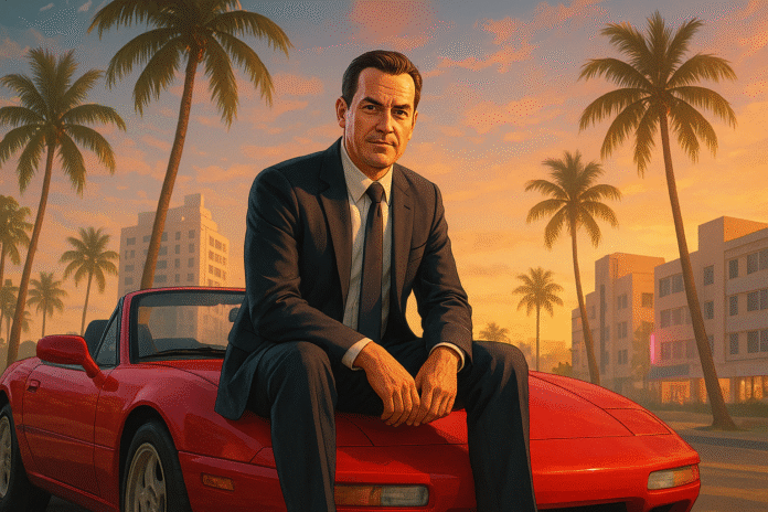 Man in suit on red convertible at sunset, symbolizing gta 6 release.
