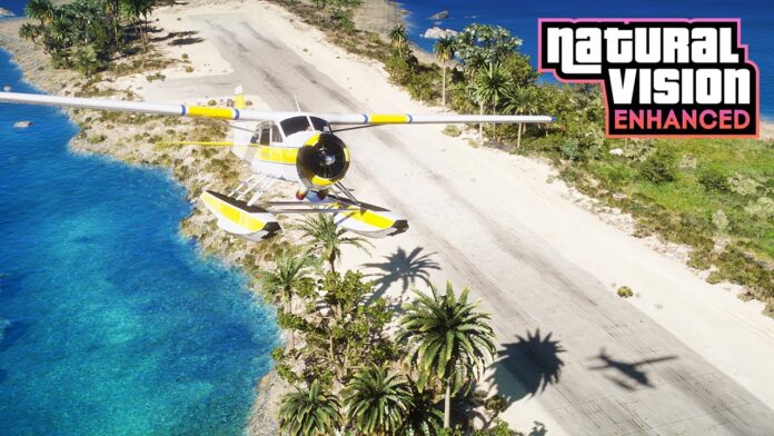 Seaplane flying over tropical island runway in GTA 5 with NaturalVision Enhanced graphics.