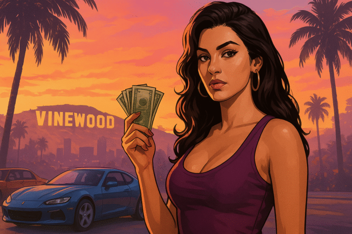 Woman holding cash in front of Vinewood sign for Price of GTA 6