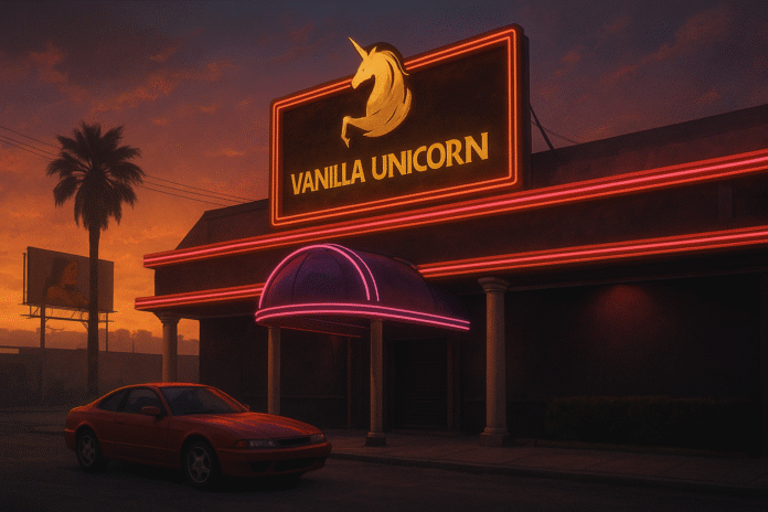Neon-lit Vanilla Unicorn bar in GTA 6 style scene at sunset.