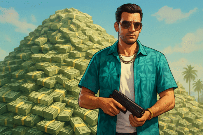 GTA 6 biggest game ever character stands before a massive pile of cash
